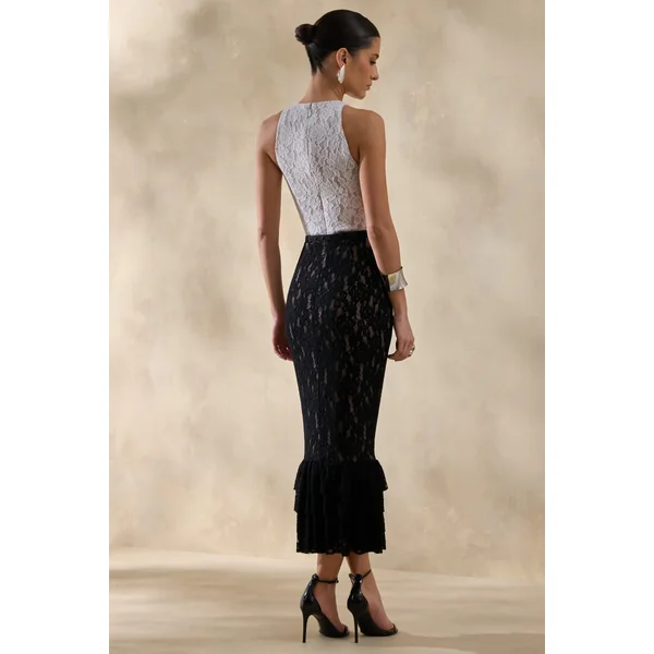 Vionna | Robe mi-longue noire et blanche en dentelle à col haut avec détail ceinture à nœud