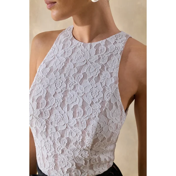 Vionna | Robe mi-longue noire et blanche en dentelle à col haut avec détail ceinture à nœud