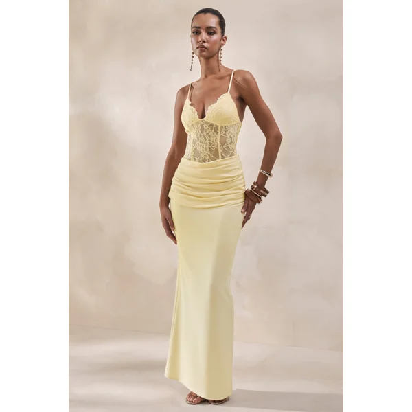 Vionne | Jupe longue en satin jaune citron avec détails drapés