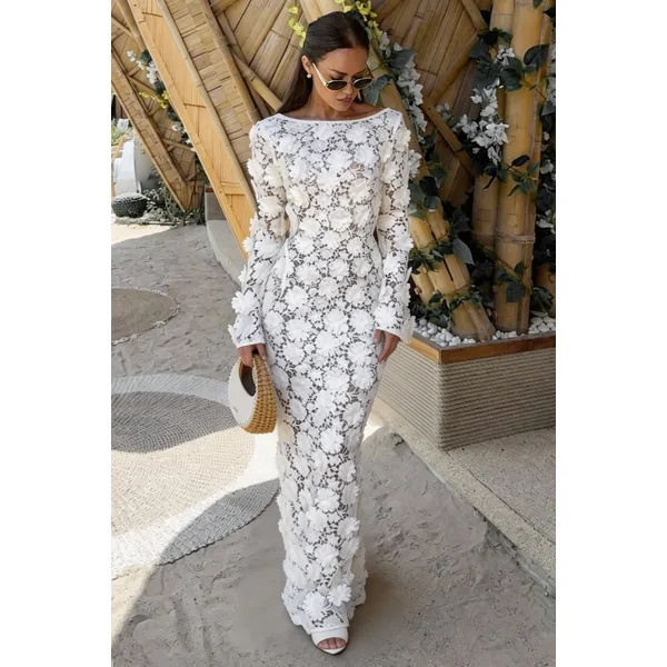 Viper | Robe longue en dentelle crème à manches longues