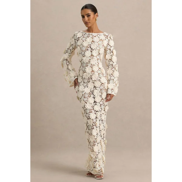 Viper | Robe longue en dentelle crème à manches longues