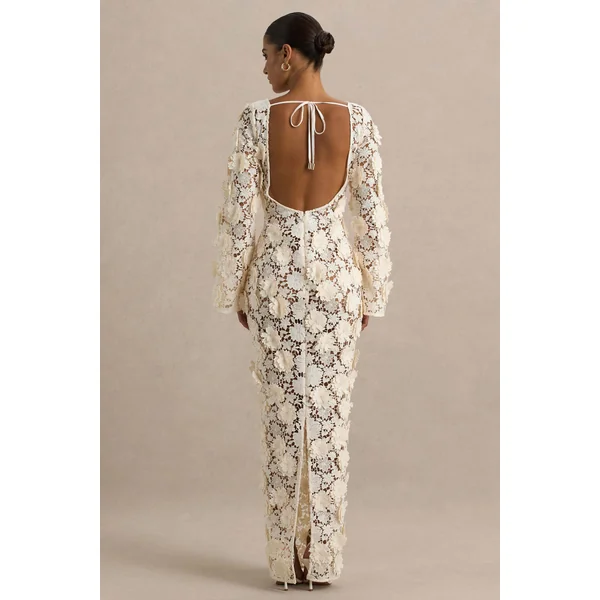 Viper | Robe longue en dentelle crème à manches longues