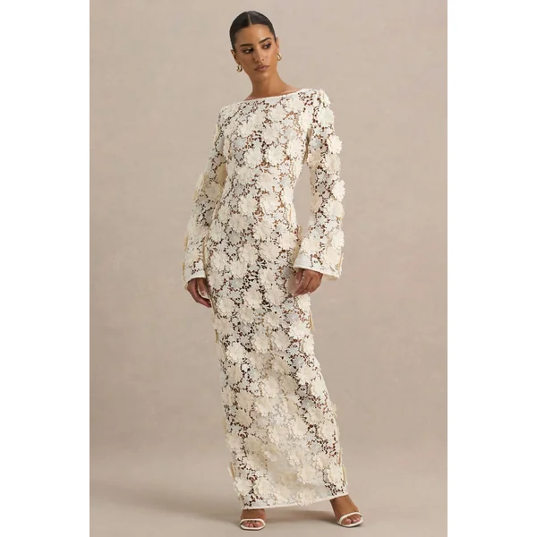 Viper | Robe longue en dentelle crème à manches longues