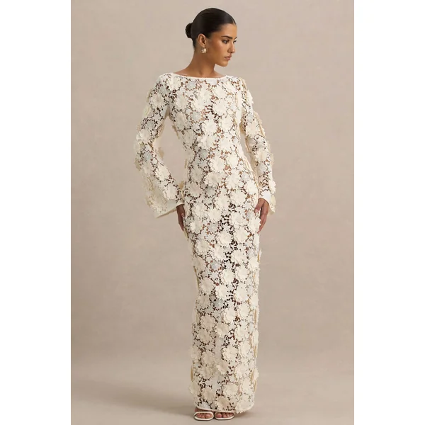 Viper | Robe longue en dentelle crème à manches longues
