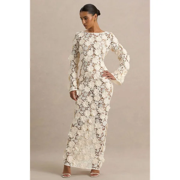 Viper | Robe longue en dentelle crème à manches longues