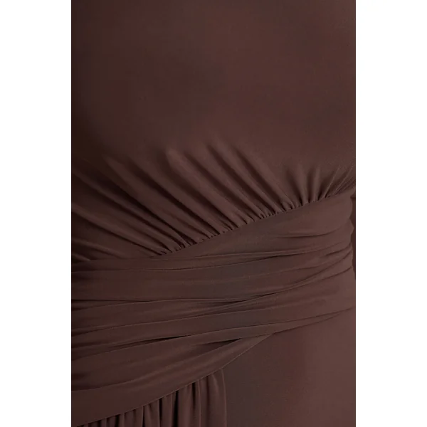 Virelle | Robe longue marron à encolure bateau et taille tombante