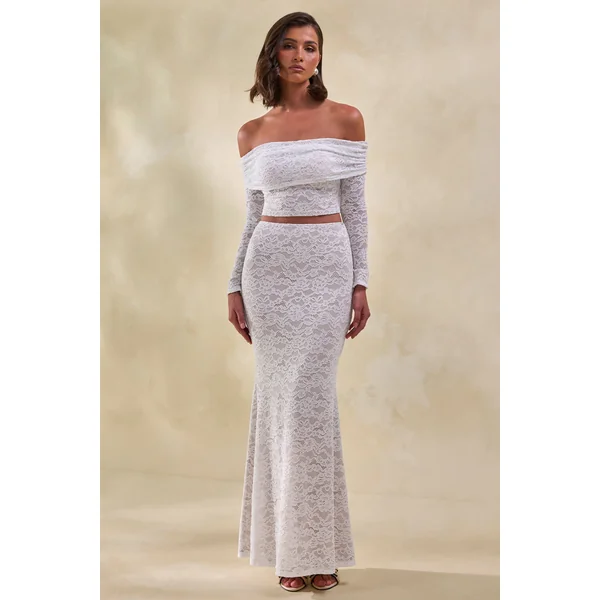 Virena | Crop top bardot blanc en dentelle de première qualité