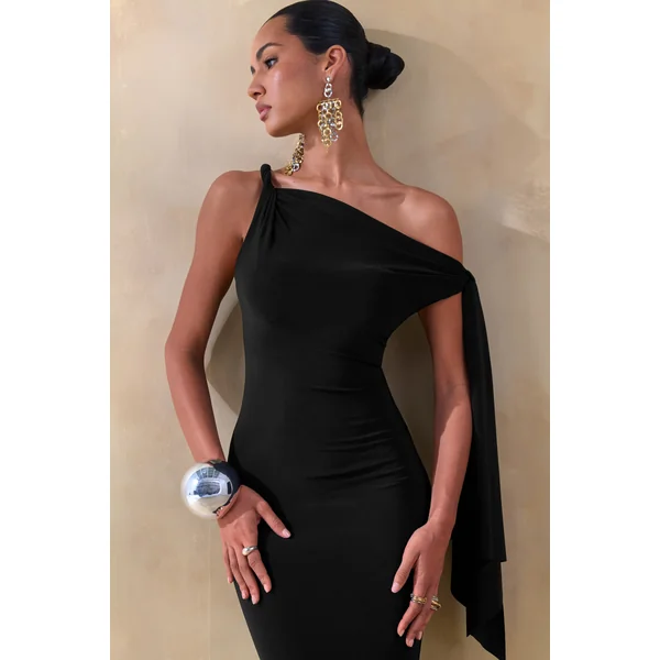 Vista | Robe longue noire à encolure asymétrique torsadée avec détail de manche nouée