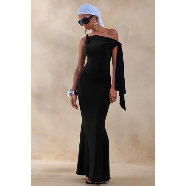 Vista | Robe longue noire à encolure asymétrique torsadée avec détail de manche nouée