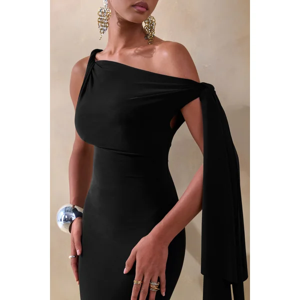 Vista | Robe longue noire à encolure asymétrique torsadée avec détail de manche nouée
