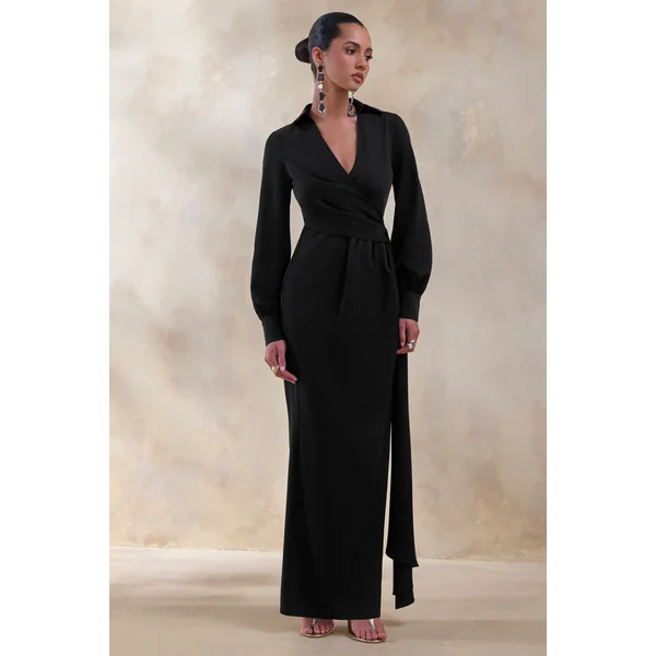 Vita | Robe longue noire portefeuille à décolleté plongeant