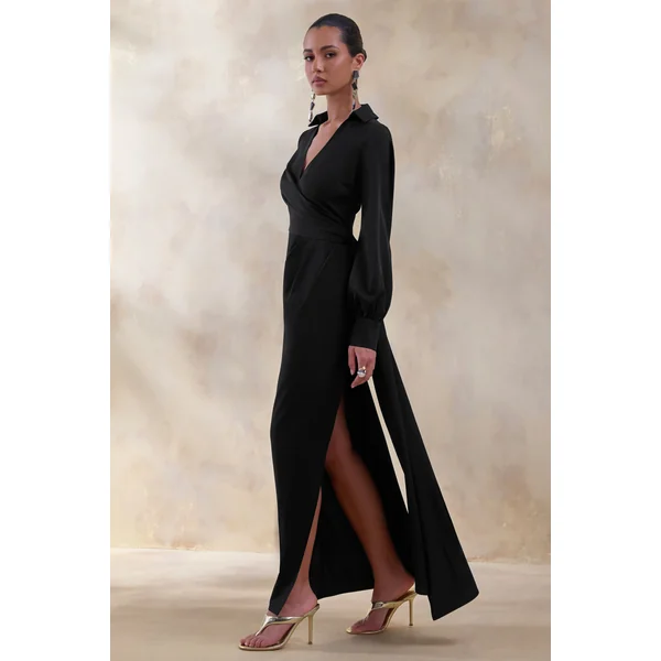 Vita | Robe longue noire portefeuille à décolleté plongeant