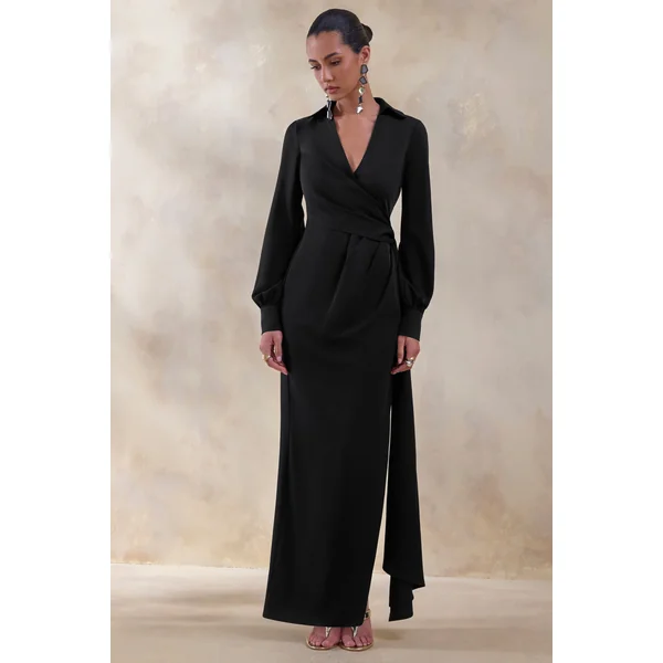 Vita | Robe longue noire portefeuille à décolleté plongeant