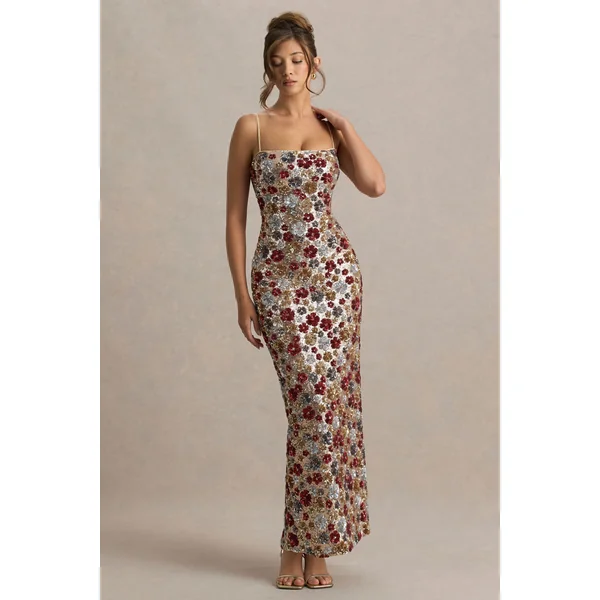 Vitora | Robe longue rouge à fleurs ornée de sequins et à encolure carrée