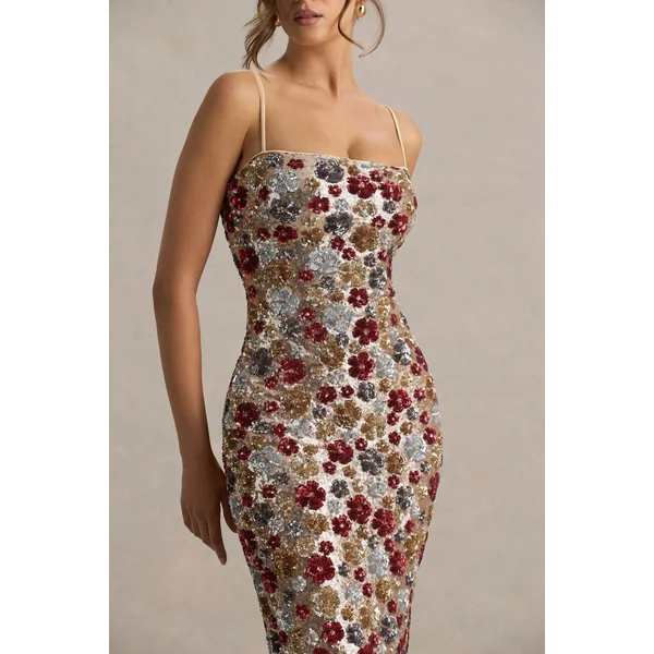 Vitora | Robe longue rouge à fleurs ornée de sequins et à encolure carrée