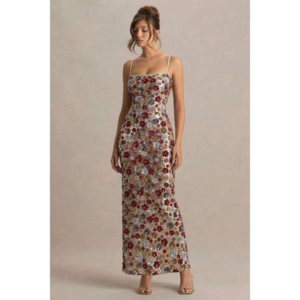 Vitora | Robe longue rouge à fleurs ornée de sequins et à encolure carrée