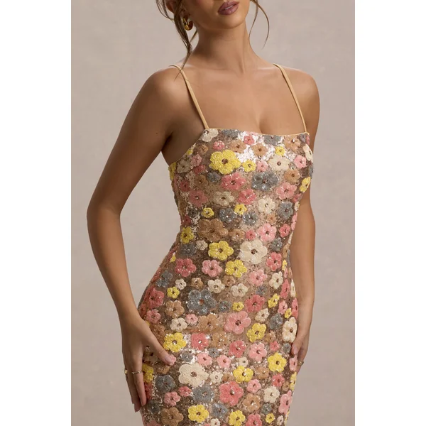 Vitora | Robe longue à encolure carrée à sequins et imprimé floral pastel