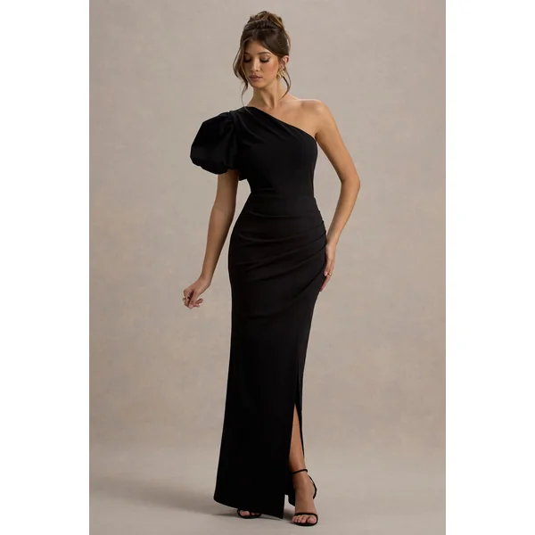 Vittoria | Robe longue noire asymétrique à manche bouffante et fente