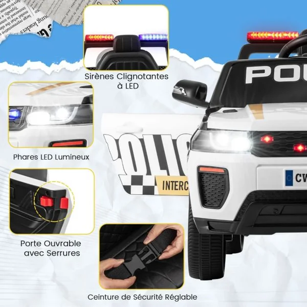 Voiture de Police Electrique Alimentée par Batterie 12 V/7 A Télécommande Connexion Sans Fil Musique Klaxon Sirène Lumières LED Blanc