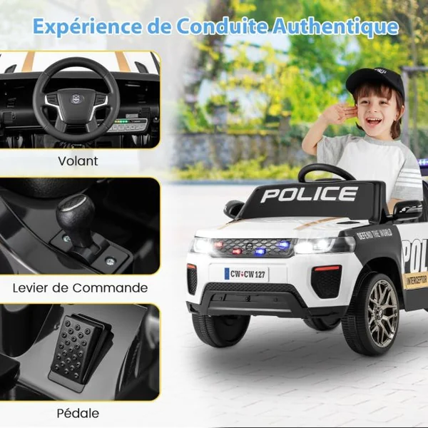 Voiture de Police Electrique Alimentée par Batterie 12 V/7 A Télécommande Connexion Sans Fil Musique Klaxon Sirène Lumières LED Blanc