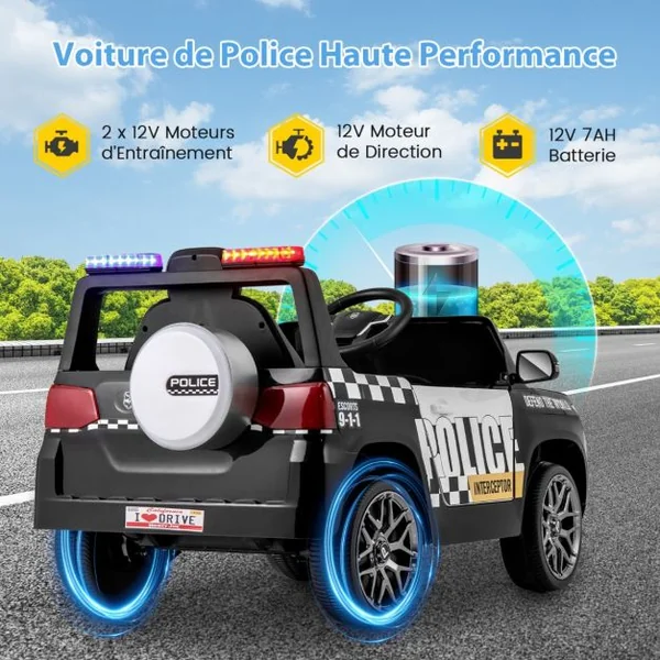 Voiture de Police Electrique Alimentée par Batterie 12 V/7 A Télécommande Connexion Sans Fil Musique Klaxon Sirène Lumières LED Blanc