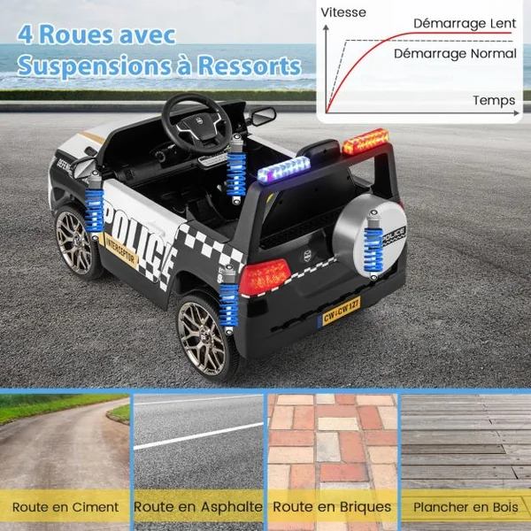 Voiture de Police Electrique Alimentée par Batterie 12 V/7 A Télécommande Connexion Sans Fil Musique Klaxon Sirène Lumières LED Blanc