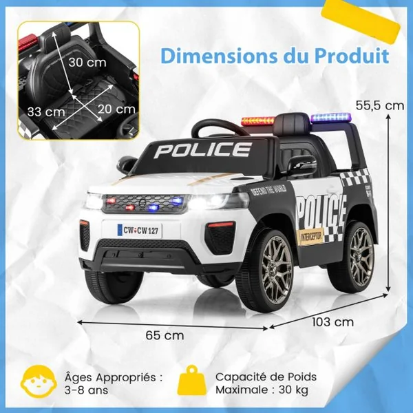 Voiture de Police Electrique Alimentée par Batterie 12 V/7 A Télécommande Connexion Sans Fil Musique Klaxon Sirène Lumières LED Blanc