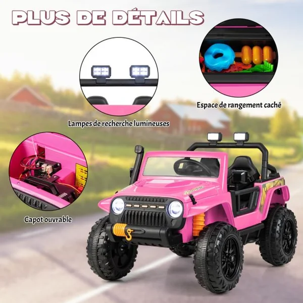Voiture Electrique 12V/10Ah pour Enfants Télécommande 2,4G Ressorts de Suspension Musique Klaxon LED pour 3 Ans+ Rose
