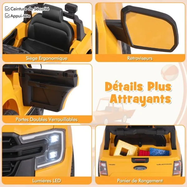 Voiture Electrique 12V USB Musique Histoire Connexion Sans Fil Démarrage Progressif avec Télécommande 2,4G pour 3-6 Ans Jaune