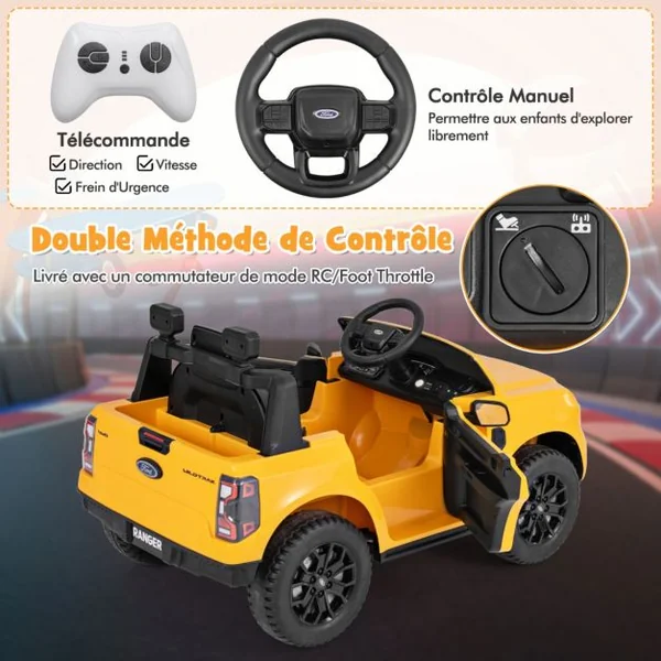 Voiture Electrique 12V USB Musique Histoire Connexion Sans Fil Démarrage Progressif avec Télécommande 2,4G pour 3-6 Ans Jaune