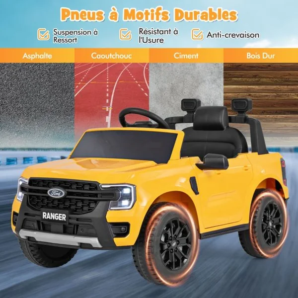 Voiture Electrique 12V USB Musique Histoire Connexion Sans Fil Démarrage Progressif avec Télécommande 2,4G pour 3-6 Ans Jaune