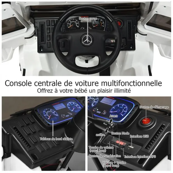 Voiture Electrique pour Enfants avec Télécommande 2,4G 3 Vitesses Lumières LED MP3 Klaxon Blanc