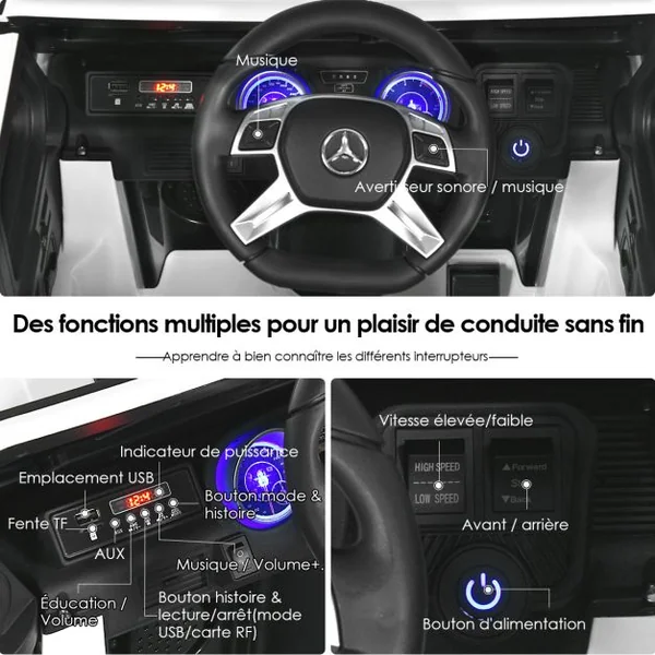 Voiture Eléctrique 12 V pour Enfants 2 Place avec Lumières LED port AUX USB Télécommande Parentale de 3 à 8 Ans Noir/Bleu/Rose/Blanc