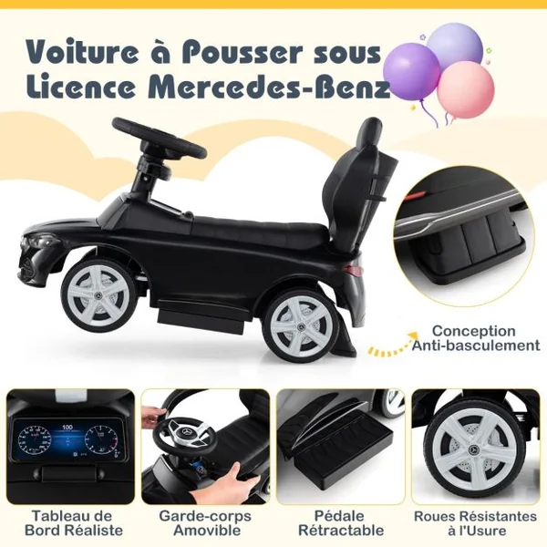 Voiture à Pousser 3-en-1 Mercedes-Benz sous Licence avec Canopy rRéglable et Barre de Direction pour 18- 36 Mois Charge 25kg 5 Couleurs au Choix