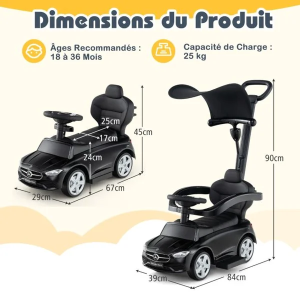 Voiture à Pousser 3-en-1 Mercedes-Benz sous Licence avec Canopy rRéglable et Barre de Direction pour 18- 36 Mois Charge 25kg 5 Couleurs au Choix