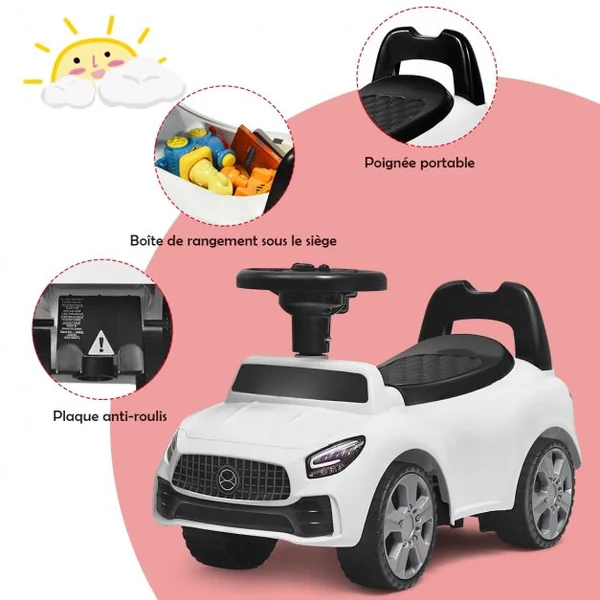 Voiture à Pousser Porteur Voiture avec Musique et Klaxon pour Bébé de 19 à 36 Mois Blanc