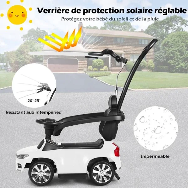 Voiture à Pousser pour Enfant avec Pare-soleil Barre de Sécurité Repose-pied Blanc