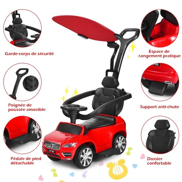 Voiture à Pousser pour Enfant avec Pare-soleil Barre de Sécurité Repose-pied Rouge