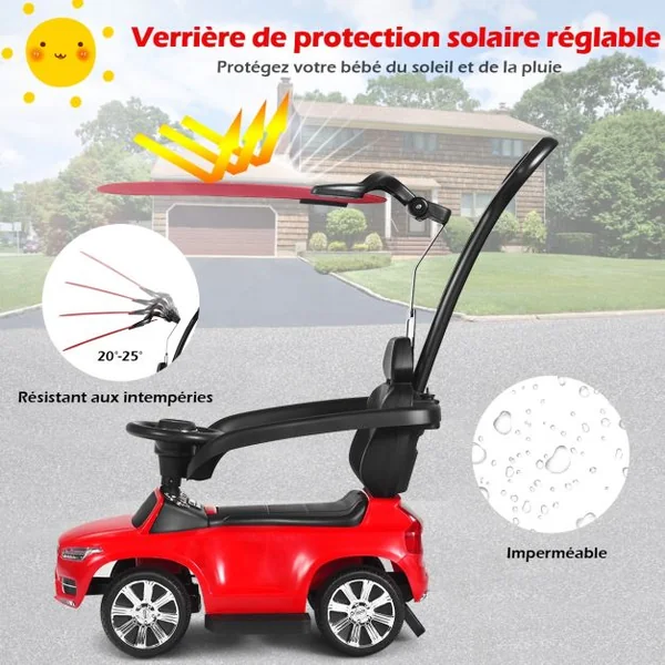 Voiture à Pousser pour Enfant avec Pare-soleil Barre de Sécurité Repose-pied Rouge