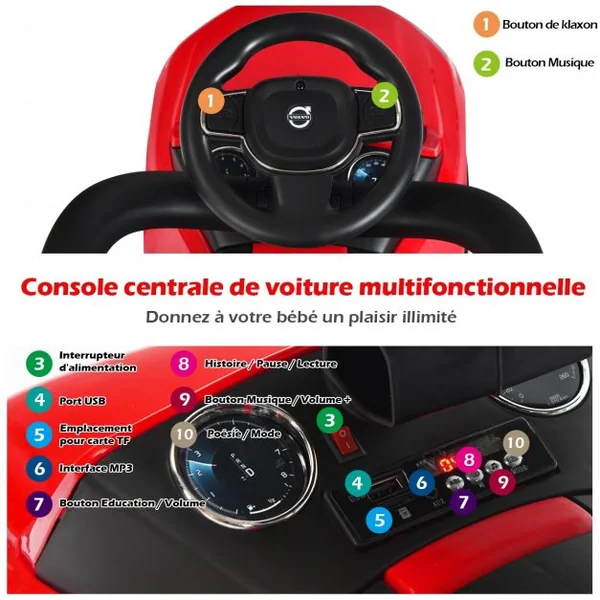 Voiture à Pousser pour Enfant avec Pare-soleil Barre de Sécurité Repose-pied Rouge