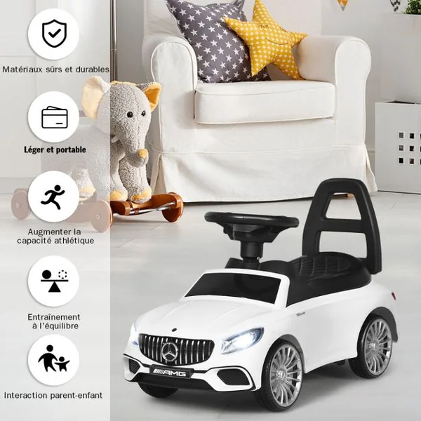 Voiture à Pousser pour Enfants de 18 à 36 Mois Porteur avec Klaxon Musique Phare LED Blanc
