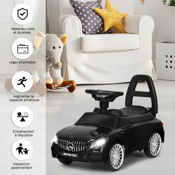 Voiture à Pousser pour Enfants de 18 à 36 Mois Porteur avec Klaxon Musique Phare LED Noir