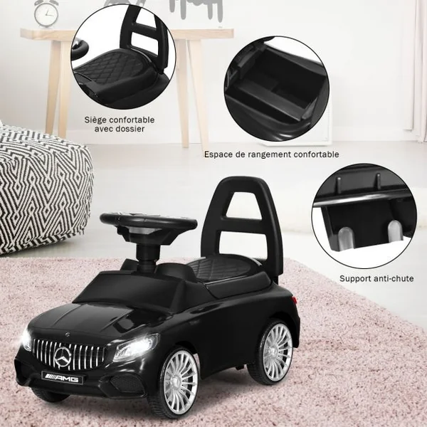 Voiture à Pousser pour Enfants de 18 à 36 Mois Porteur avec Klaxon Musique Phare LED Noir