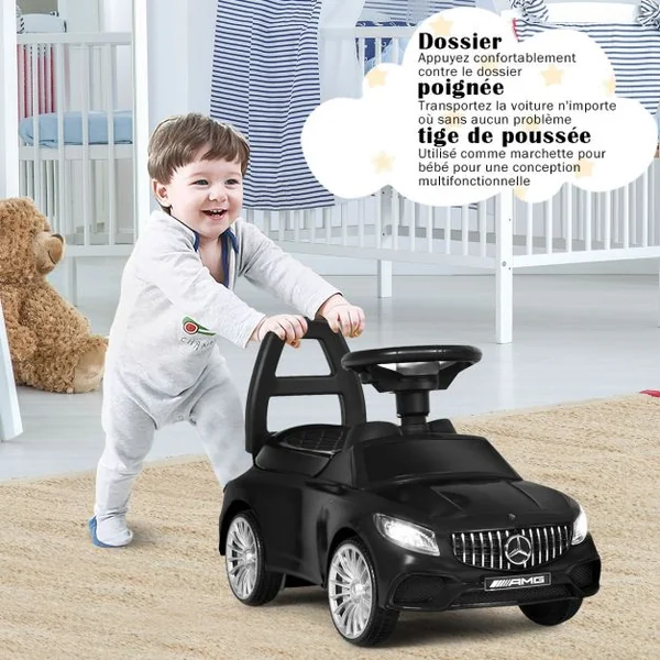 Voiture à Pousser pour Enfants de 18 à 36 Mois Porteur avec Klaxon Musique Phare LED Noir