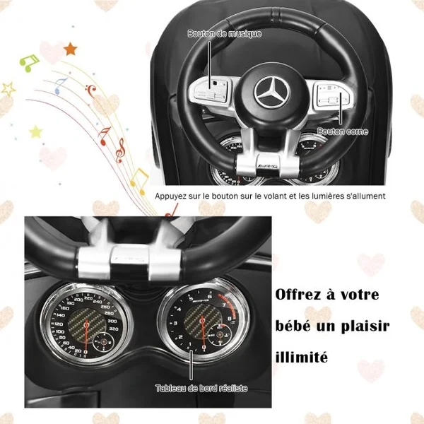 Voiture à Pousser pour Enfants de 18 à 36 Mois Porteur avec Klaxon Musique Phare LED Noir