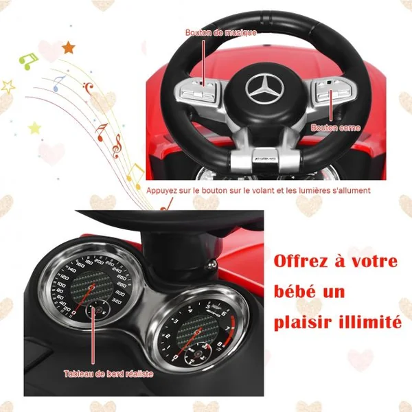 Voiture à Pousser pour Enfants de 18 à 36 Mois Porteur avec Klaxon Musique Phare LED Rouge