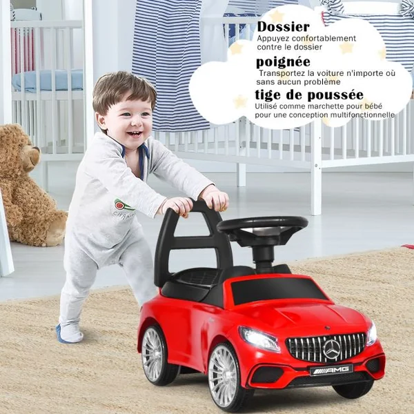 Voiture à Pousser pour Enfants de 18 à 36 Mois Porteur avec Klaxon Musique Phare LED Rouge