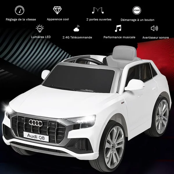 Voiture Électrique 12 V pour Enfants 2 Moteurs Vitesse Max : 5 km/h Télécommande 2.4G Lumières LED MP3 Effect Sonore Blanc