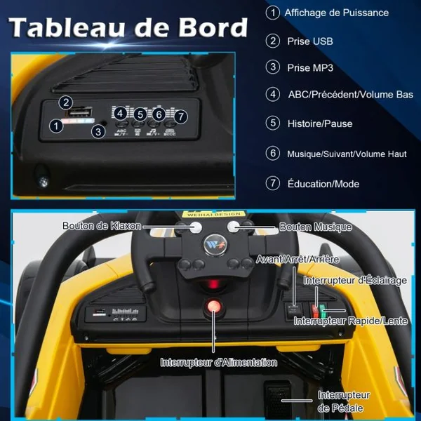 Voiture Électrique 12 V pour Enfants Télécommande Musique Lumières pour Enfants de 3 à 7 Ans 2 à 5 KM/H Jaune/Rouge
