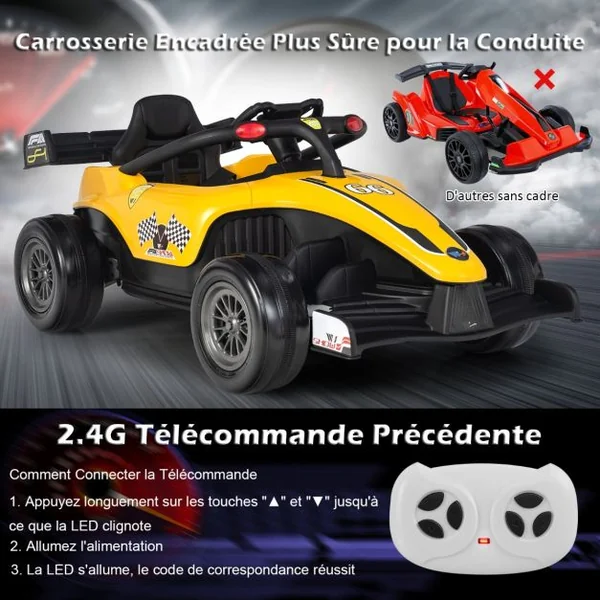 Voiture Électrique 12 V pour Enfants Télécommande Musique Lumières pour Enfants de 3 à 7 Ans 2 à 5 KM/H Jaune/Rouge